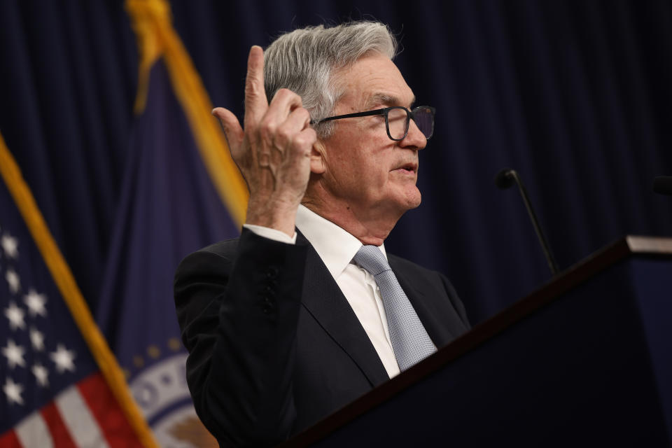 WASHINGTON, DC - NOVEMBER 2: U.S. Federal Reserve Bank Chairman Jerome Powell answers reporters' questions during a news conference following a meeting of the Federal Open Market Committee (FMOC) at the bank's headquarters on November 02, 2022. in Washington, DC.  In a move to fight inflation, Powell announced that the Federal Reserve was raising interest rates by three-quarters of a percentage point, the sixth rate hike this year and the fourth in a row at such high rates.  (Photo by Chip Somodevilla/Getty Images)