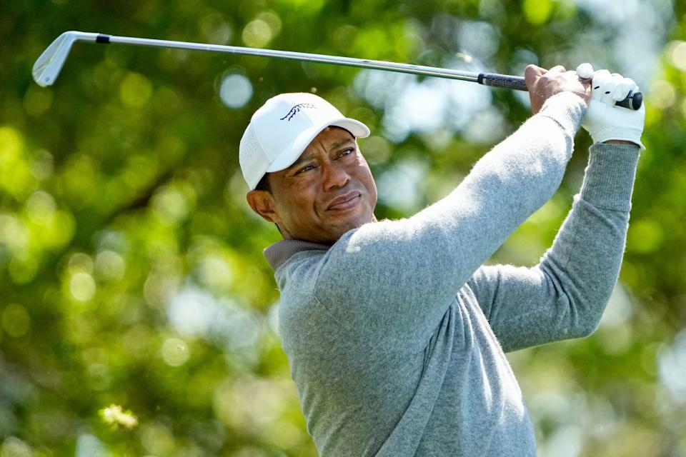 Apr 12, 2024; Augusta, Georgia, USA; Tiger Woods tees off on no. 4 during the second round of the Masters Tournament. Mandatory Credit: Adam Cairns-USA TODAY Network