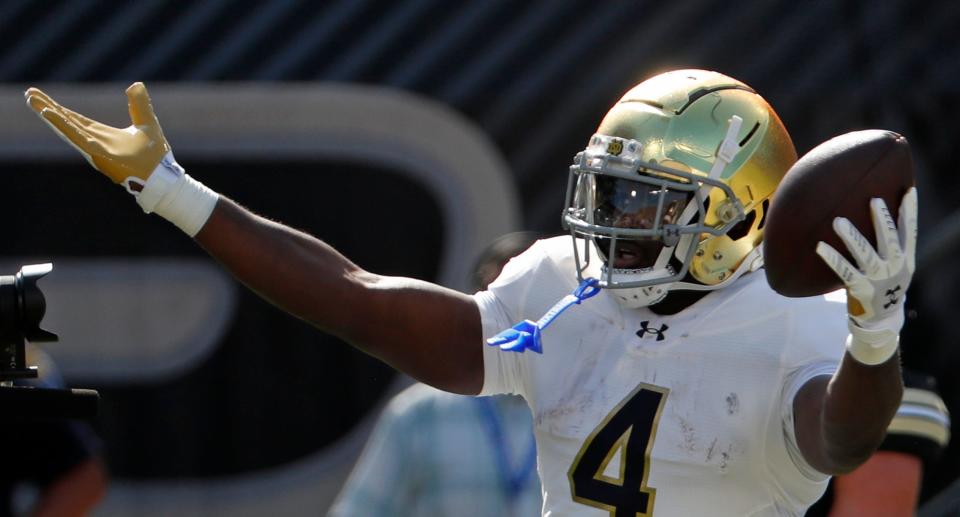 Notre Dame Fighting Irish running back Jeremiyah Love (4) celebrates after scoring Saturday, Sept. 14, 2024, during the NCAA football game against the Purdue Boilermakers at Ross-Ade Stadium in West Lafayette, Ind. Notre Dame Fighting Irish won 66-7.