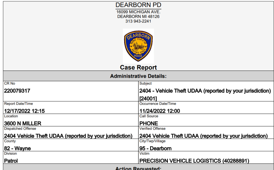 This is one of many Dearborn Police Department  documents related to the theft of Ford F-150 pickup trucks taken from holding lots in Michigan.