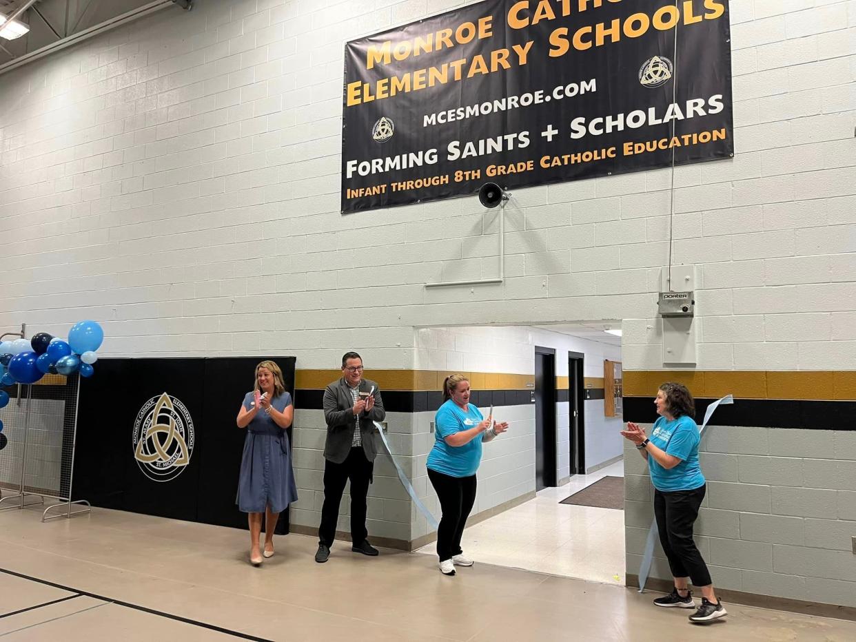 Cutting the ribbon to the Kindness Room were (from left) Frannie Jagielski, MCES assistant principal; Kyle Kubik, MCES executive principal; Samantha Boyle, Luken's mother; and Teresa Boyle, Luken’s grandmother, is to the right.