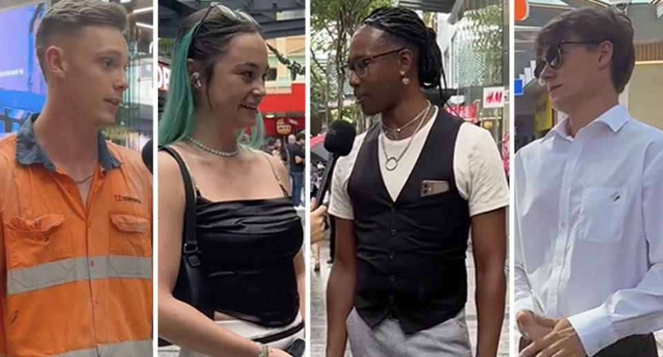 Workers including a scaffolder, sugar baby, optometrist and Commonwealth Bank specialist answering questions in the street.