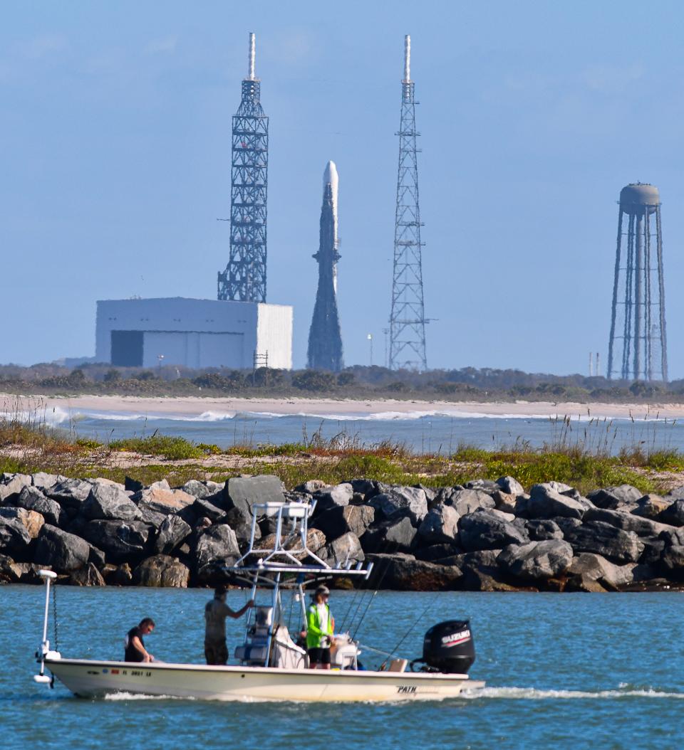 A Blue Origin New Glenn test rocket was upended on the pad for the first time in February at Launch Complex 36 at Cape Canaveral Space Force Station.