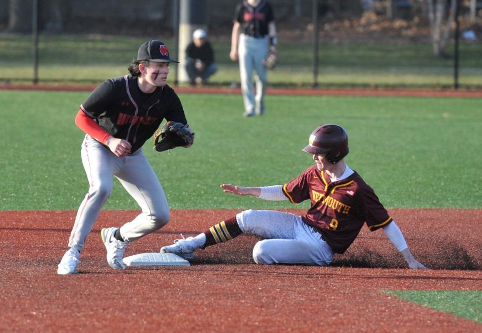 Weymouth's Gill Dolan, right, steals second as North Quincy shortstop Vinny O'Leary awaits the throw during high school baseball at Libby Field in Weymouth, Tuesday, April 4, 2023.