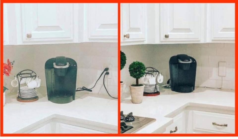 Two photos of a coffeemaker plugged into the wall, one without Sleek Socket and one with Sleek Socket.