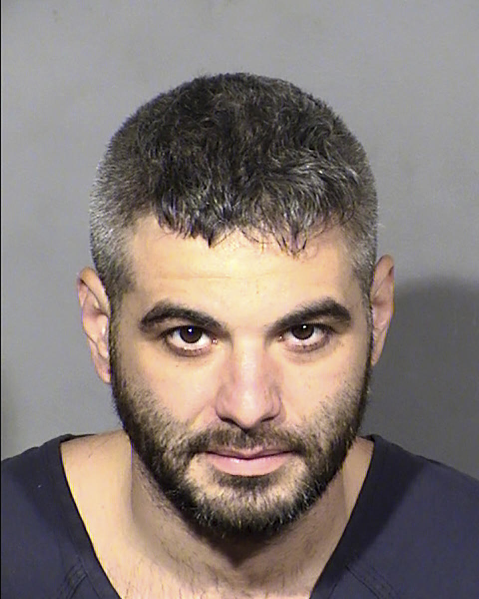 This Clark County Detention Center booking photo shows Anthony Zuccaro, 31, of Las Vegas, following his arrest Saturday, June 17, 2023. Judges in Las Vegas ordered the man accused of threatening mass violence at the parade celebrating the Golden Knights victory in the NHL Stanley Cup championship to remain jailed unless he can post $55,000 bail. Anthony Zuccaro appeared in court Wednesday, June 21, 2023 in separate cases alleging he damaged Nevada State Police vehicles with his motorcycle and threatened to either drive a truck into throngs of hockey fans or use gasoline bombs to injure police and revelers on the Las Vegas Strip. (Clark County Detention Center via AP)