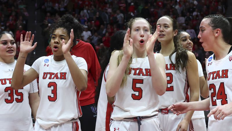 Utah celebrates their win against the Gardner-Webb Runnin’ Bulldogs during the NCAA First Round at the Jon M. Huntsman Center in Salt Lake City on Friday, March 17, 2023. Utah plays Princeton in the NCAA Tournament’s second round.