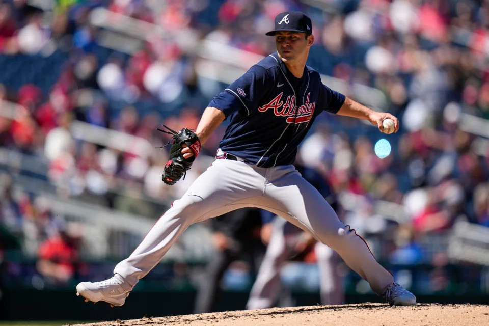 Atlanta Braves starting pitcher Jared Shuster throws during the third inning of a baseball game against the Washington Nationals at Nationals Park, Sunday, April 2, 2023, in Washington.