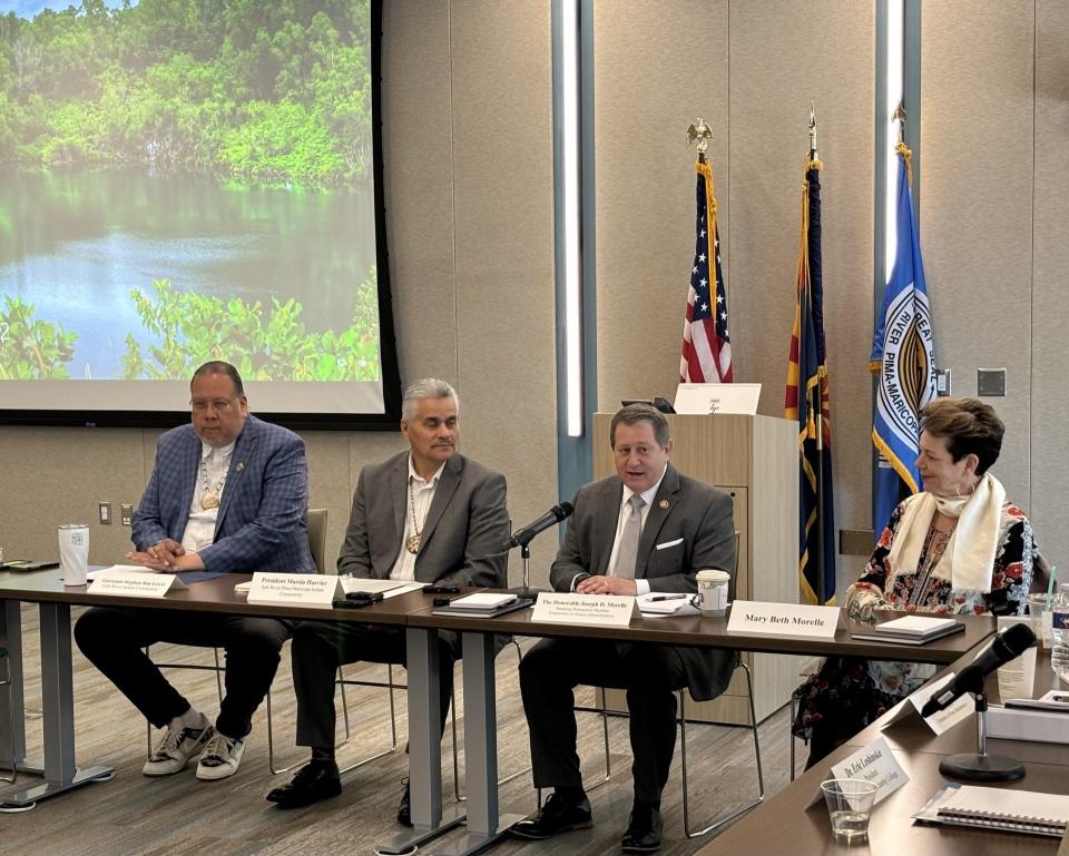 Governor Stephen Roe Lewis of the Gila River Indian Community, left, and President Martin Javier of the Salt River Pima-Maricopa Indian Community attend a roundtable hosted by U.S. Rep. Joseph Morelle, to discuss Native voting right issues.