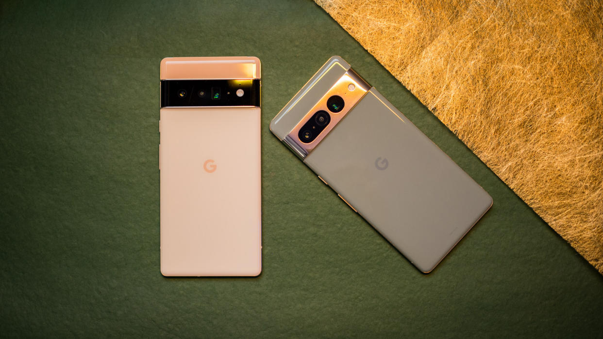  Google Pixel 7 Pro and Pixel 6 Pro on green and gold background. 