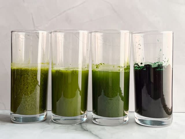 <p>Serious Eats / Kelli Solomon</p> Powders dissolved in water, left to right: Pandan, matcha, spinach, spirulina