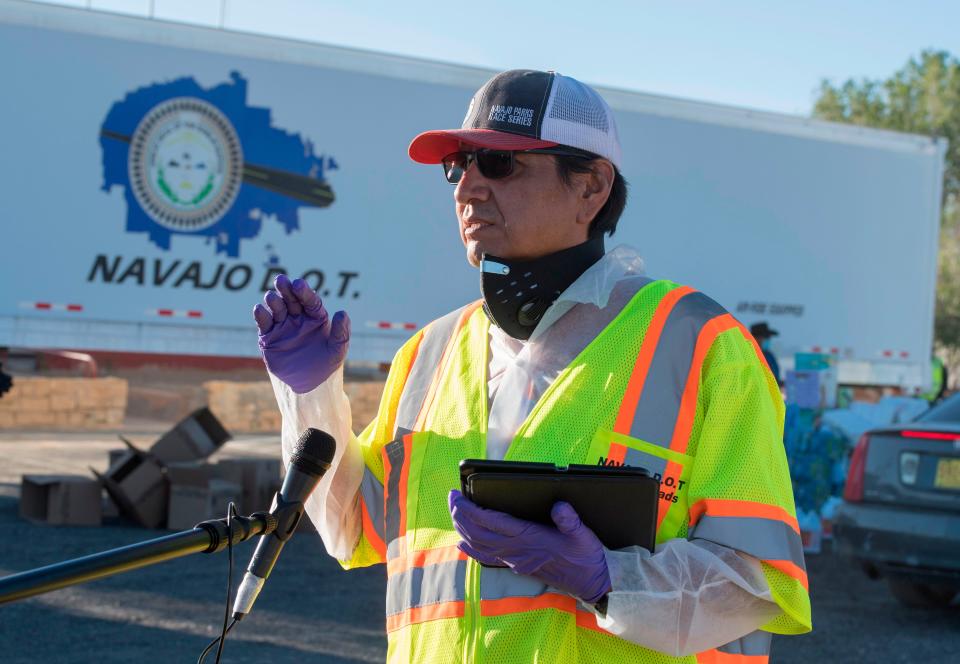 Jonathan Nez, president of the Navajo Nation, does an interview at a food bank in the Navajo Nation town of Casamero Lake in New Mexico on May 20, 2020.