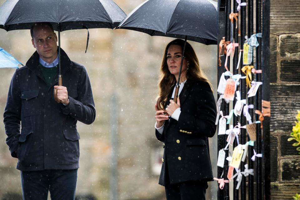 Britain's Catherine, Duchess of Cambridge and Britain's Prince William, Duke of Cambridge visit the University of St Andrews in St Andrews on May 26, 2021. (Photo by Andy Buchanan / POOL / AFP) (Photo by ANDY BUCHANAN/POOL/AFP via Getty Images)