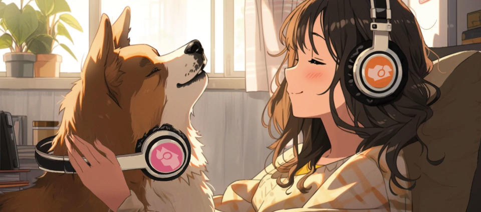 Cartoon promotional image of a girl wearing headphones putting headphones on her dog.