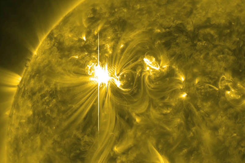 A large solar flare erupting on the sun seen March 6, 2012. This flare was categorized as an X5.4, making it the second largest flare -- after an X6.9 on August 9, 2011. Solar storms may cause disruptions to satellites, communications and power grids. File Photo UPI/NASA/SDO/AIA