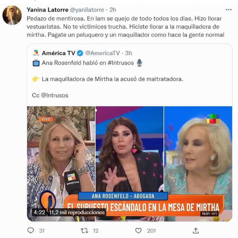 Yanina Latorre le respondió a Ana Rosenfeld a través de su cuenta de Twitter, y la trató de "pedazo de mentirosa", en otro capítulo de un conflicto que parece no tener fin