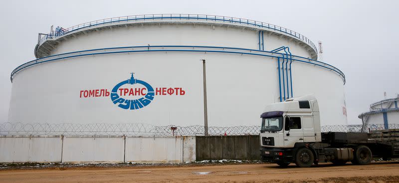 FILE PHOTO: Storage tank is pictured at the Gomel Transneft oil pumping station, which moves crude through the Druzhba pipeline westwards to Europe
