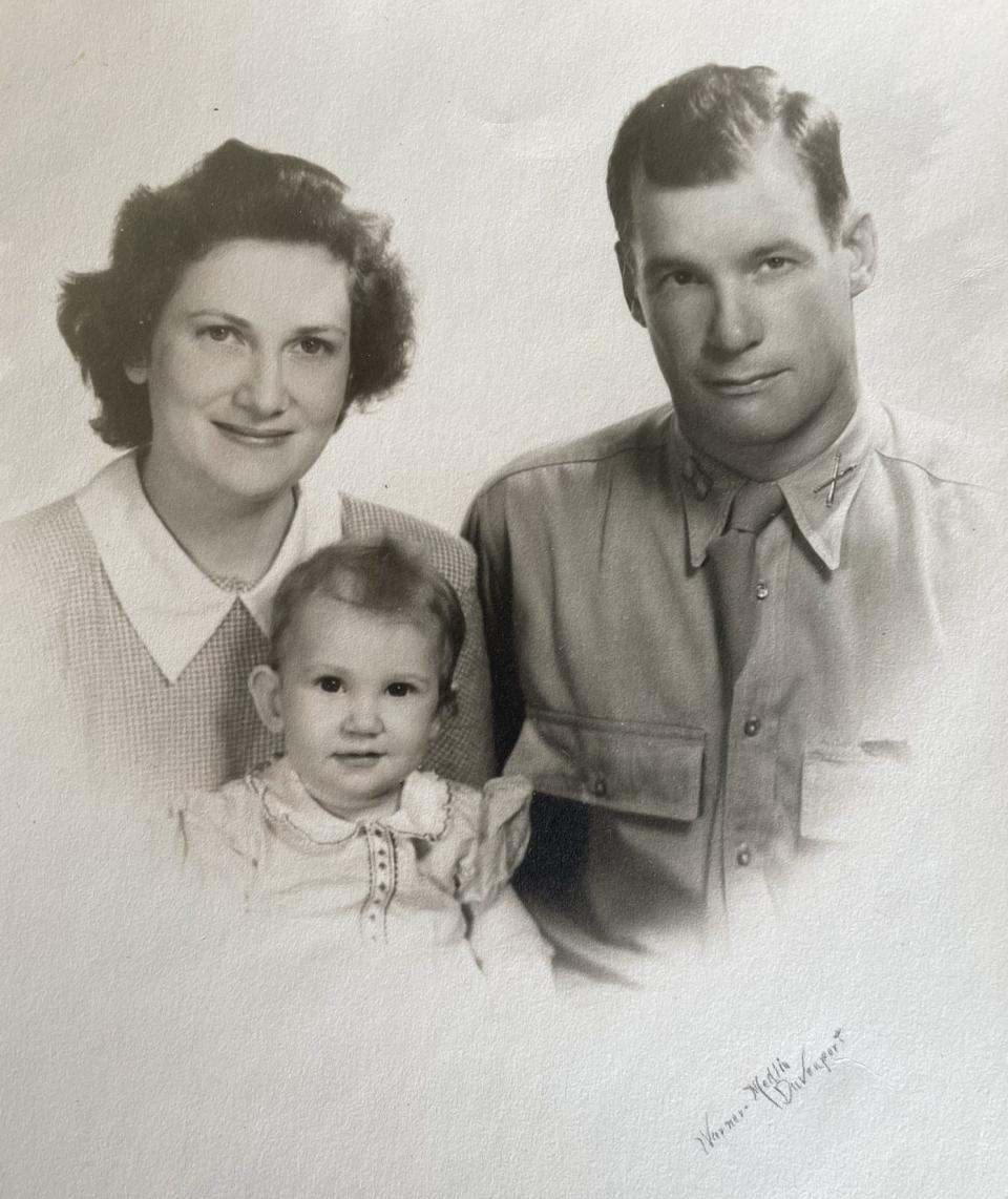 Maj. Charles Carpenter, right, in this undated family photo with wife, Elda, and daughter, Carol. His daughter, now Carol Apacki, helped tell his story in a recent book titled "Bazooka Charlie: The Unbelievable Story of Major Charles Carpenter and Rosie the Rocketer."