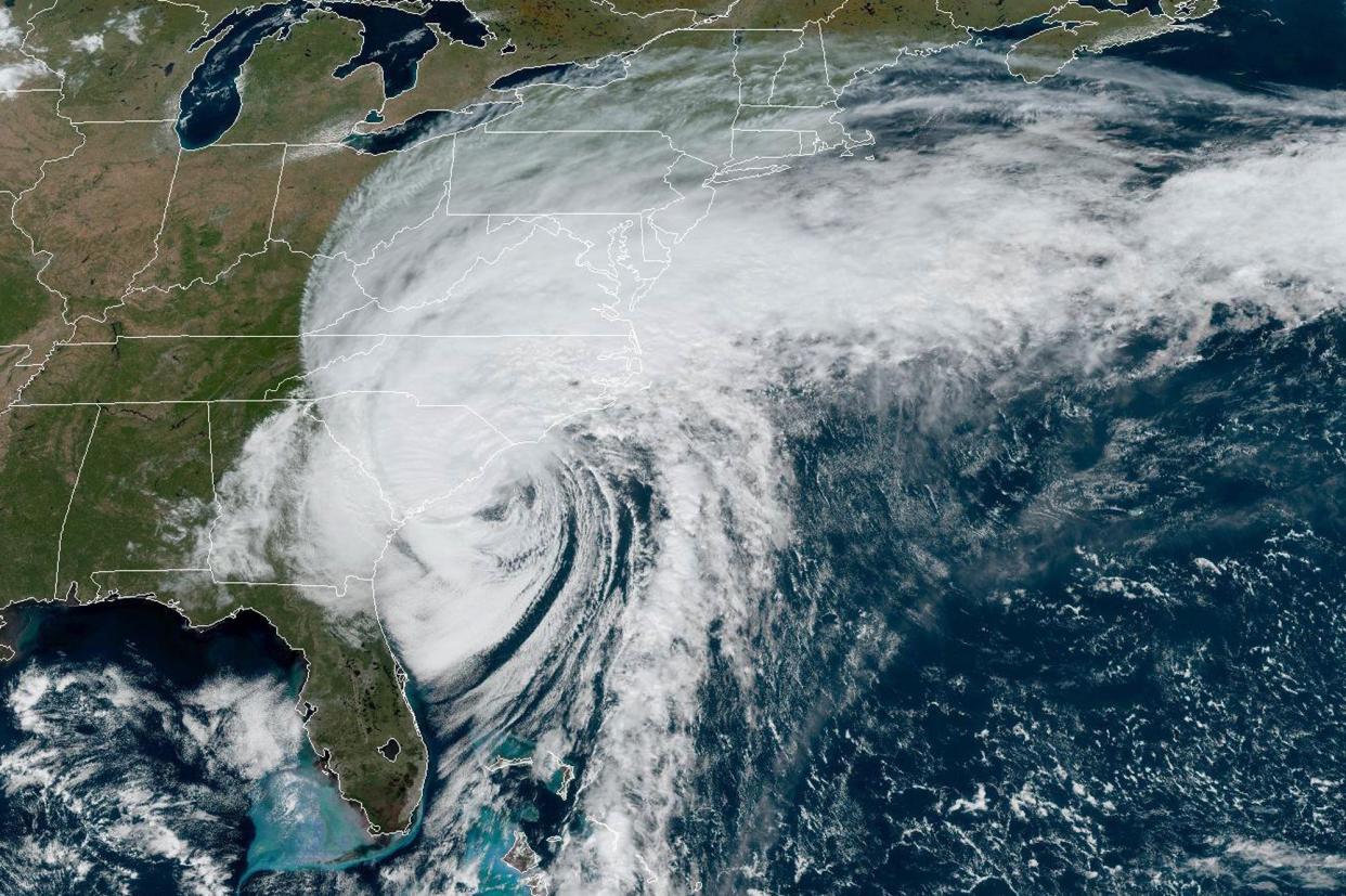 This GOES-16 satellite image taken at 1:01 p.m. EDT and provided by NOAA shows Hurricane Ian over the South Carolina coast, Friday, Sept. 30, 2022. 