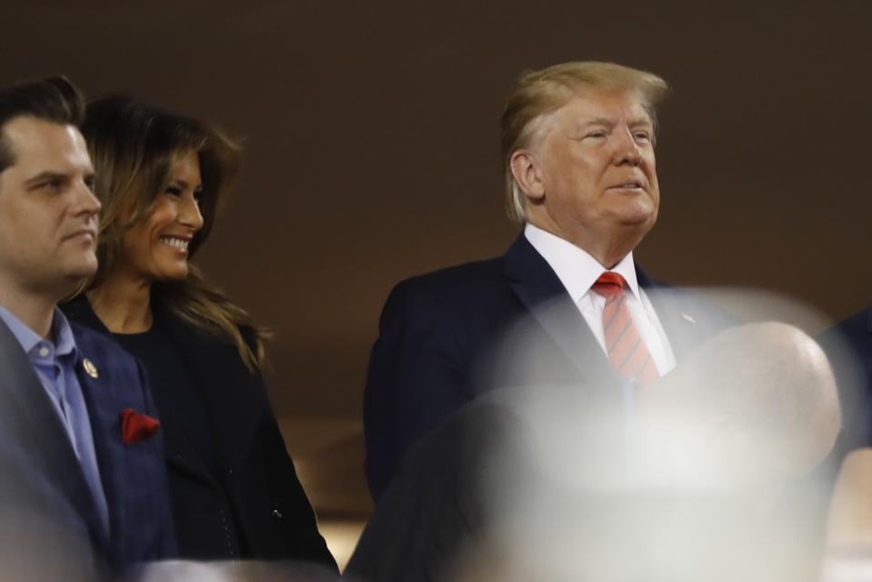 President Donald Trump arrives for Game 5 of the baseball World Series between the Houston Astros and the Washington Nationals Sunday, Oct. 27, 2019, in Washington. (AP Photo/Geoff Burke, Pool)