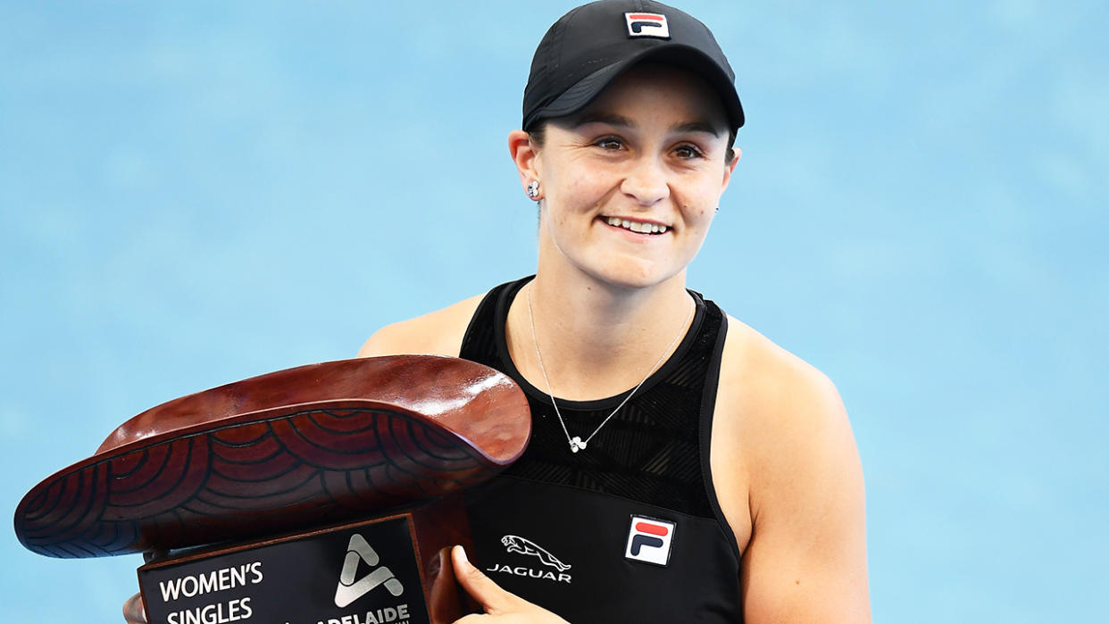 Ash Barty, pictured here celebrating after beating Elena Rybakina to win the Adelaide International title.