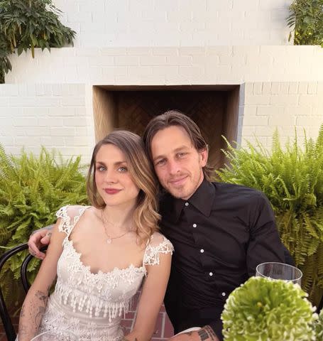 <p>Tony Hawk/Instagram</p> Frances Bean Cobain wears a Claire Pettibone bridal gown