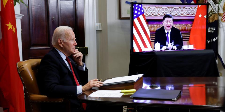 US President Joe Biden and Chinese President Xi Jinping during a virtual meeting.