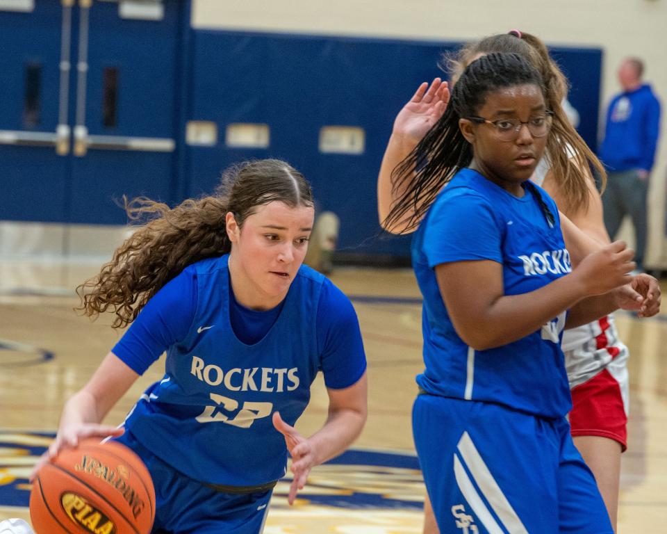 Spring Grove’s Leah Kale takes advantage of a pick to drive toward the basket in the first round of the Eastern York Girls’ Holiday Tournament on Tuesday, Dec. 27, 2022. Kale led all scorers with 30 points.