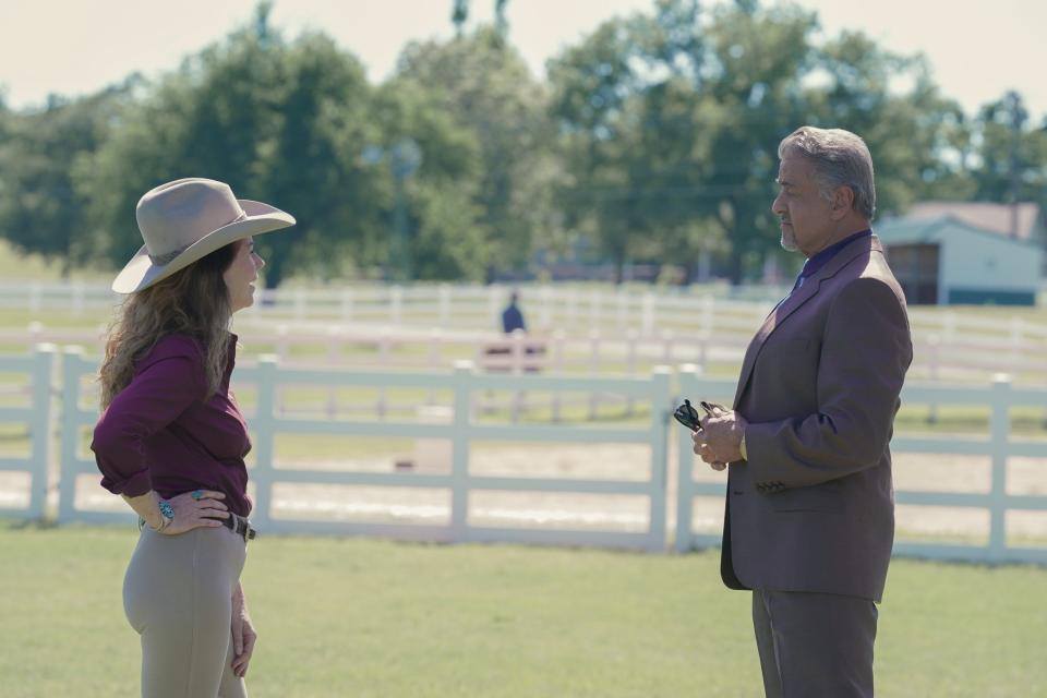 Dana Delaney plays Margaret and Sylvester Stallone as Dwight "The General" Manfredi in Season 1 of the Paramount+ original series "Tulsa King," which filmed primarily in Oklahoma.