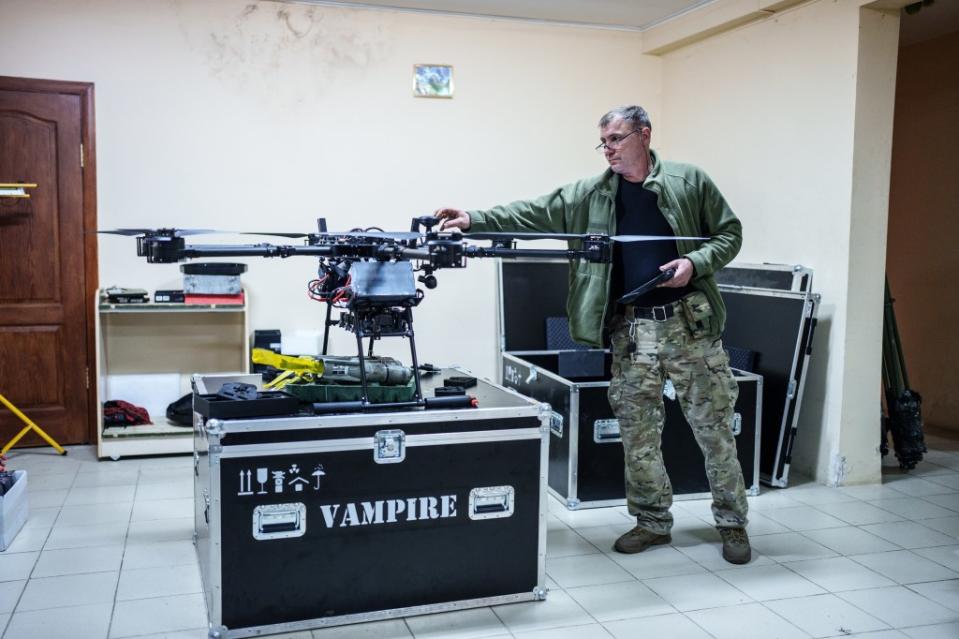 DONETSK OBLAST, UKRAINE - APRIL 20: Engineers of the Ukrainian drone battalion ‘Achilles’ test the night bomber drone ‘Vampire’ (Russian military also call it ‘Baba Yaga’) before the night mission on the Chasiv Yar direction on April 20, 2024 in Donetsk Oblast, Ukraine. After the occupation of Avdiivka, Russian troops focused on the offensive on Chasiv Yar, a town located west of Bakhmut. (Photo by Serhii Korovayny/Global Images Ukraine via Getty Images)