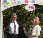 <p>First lady Hillary Rodham Clinton laughs as President Clinton shows off his Easter Egg tie during the annual White House Easter Egg Roll and Hunt, Monday, April 8, 1996. (Photo: Ruth Fremson/AP) </p>