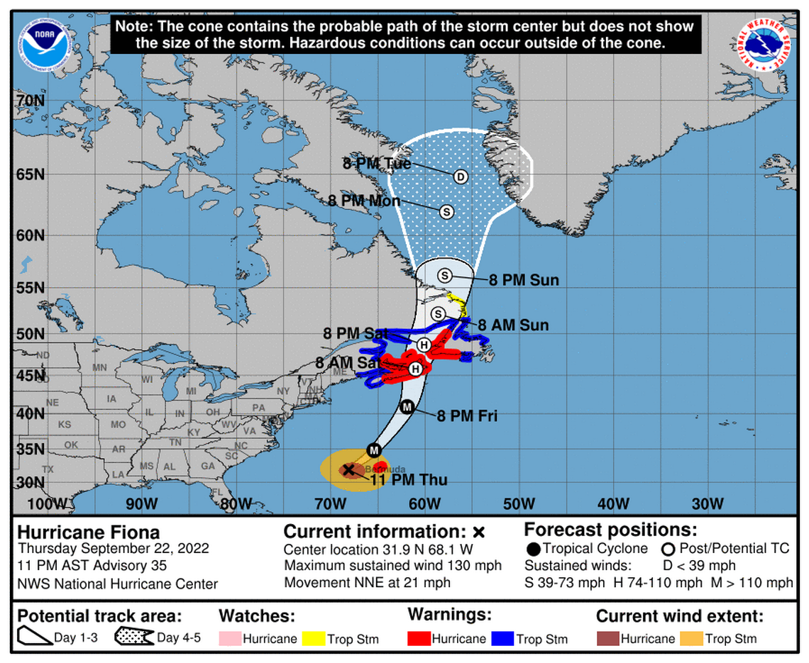 Tropical Storm Fiona was approaching Bermuda as a Category 4 hurricane with 130 mph winds Thursday evening.