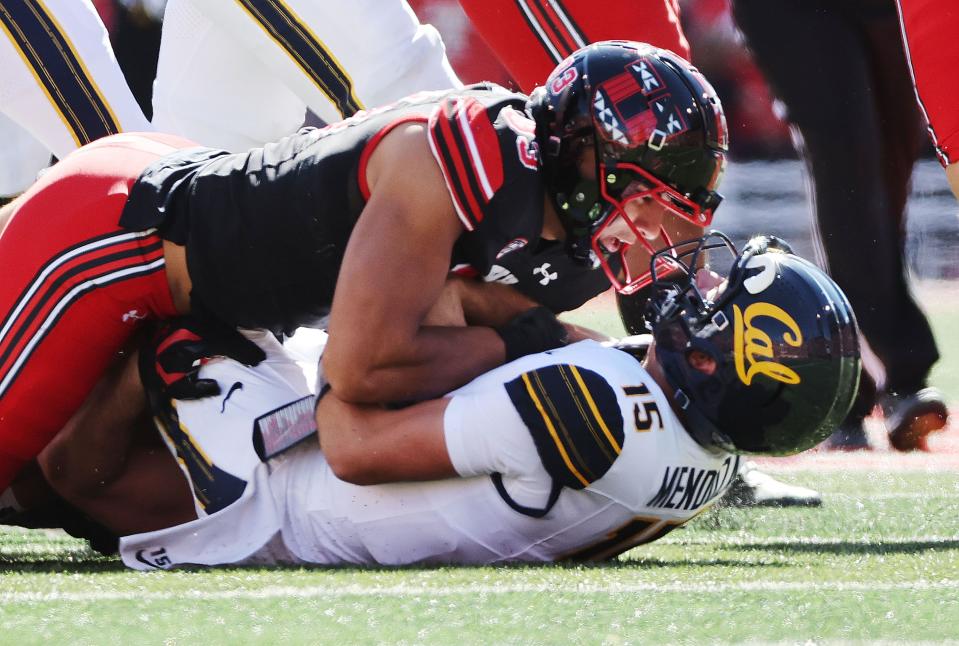 Utah Utes defensive end Jonah Elliss sacks California Golden Bears quarterback Fernando Mendoza on Oct. 14, 2023.