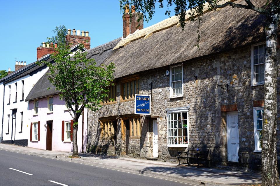 property hotspot Front view of Chard Museum housed in a 16th century listed building along High Street in the old town, Chard, Somerset, UK.