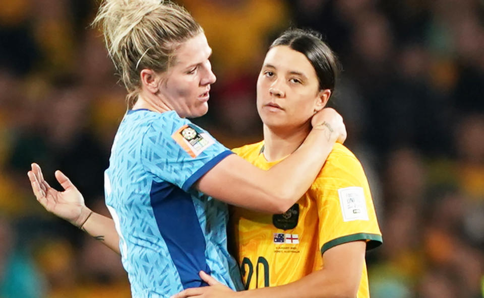 Millie Bright and Sam Kerr after the World Cup semi-final.