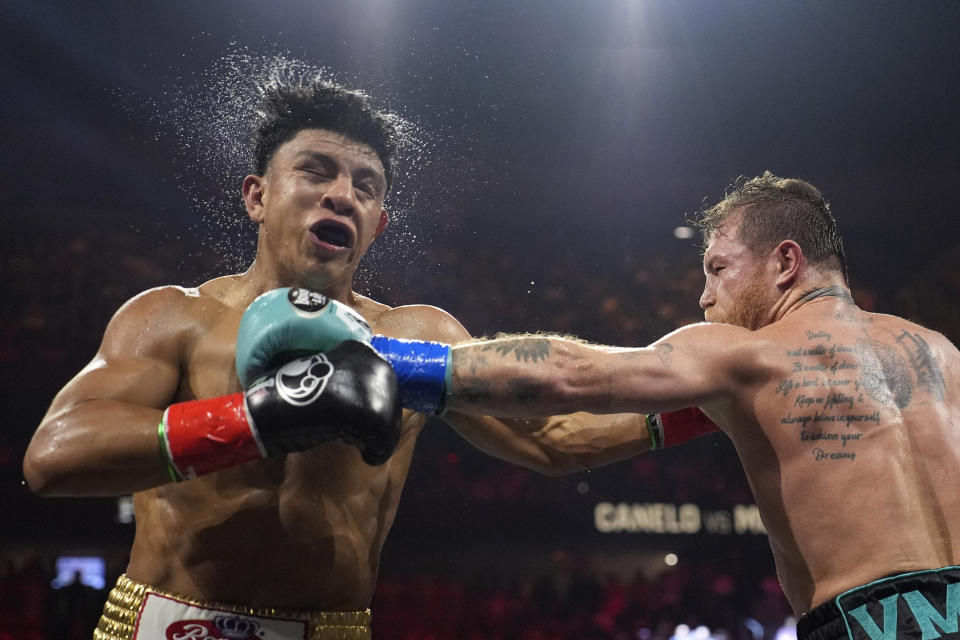 Canelo Alvarez defeats Jaime Munguia in a super middleweight title fight on Saturday, May 4, 2024 in Las Vegas.  (AP Photo/John Locher)