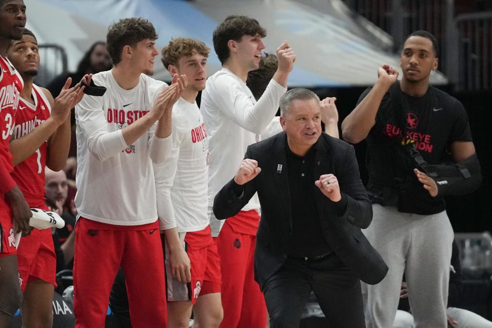 Ohio State's head coach Chris Holtmann reacts during the second half of an NCAA college basketball game against Iowa at the Big Ten men's tournament, Thursday, March 9, 2023, in Chicago. (AP Photo/Erin Hooley)