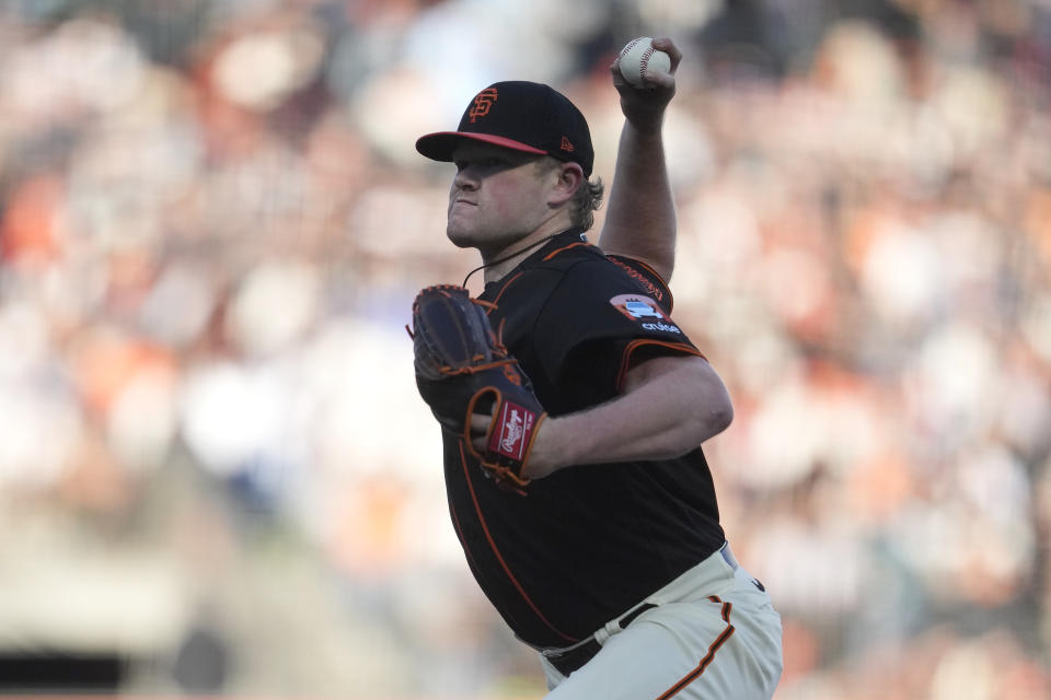 San Francisco Giants pitcher Logan Webb works against the Colorado Rockies during the first inning of a baseball game in San Francisco, Saturday, Sept. 9, 2023. (AP Photo/Jeff Chiu)