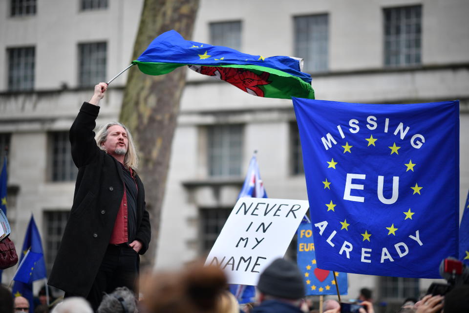 Pro-EU activists protest at Parliament Square as people prepare for Brexit