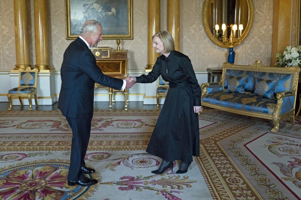 King Charles III receives Prime Minister Liz Truss in the 1844 Room at Buckingham Palace (Kirsty O’Connor/PA)