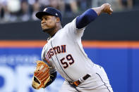 Houston Astros starting pitcher Framber Valdez throws to a New York Mets batter during the first inning of a baseball game Tuesday, June 28, 2022, in New York. (AP Photo/Jessie Alcheh)