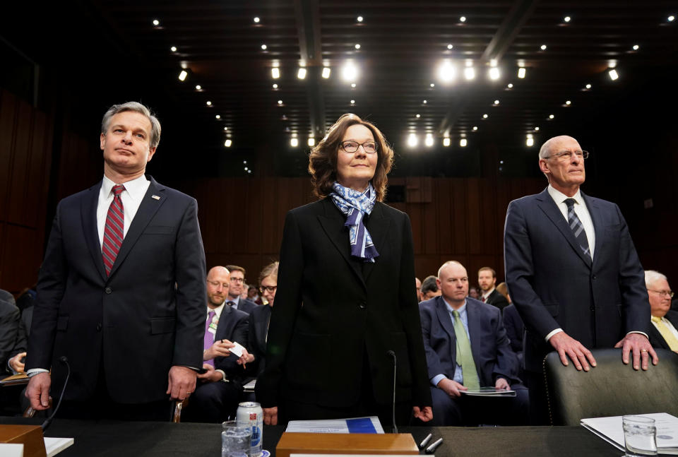 From left: FBI Director Christopher Wray, CIA Director Gina Haspel and Director of National Intelligence Dan Coats arrive to testify Tuesday before a Senate Intelligence Committee hearing on “worldwide threats.” (Photo: Joshua Roberts/Reuters)