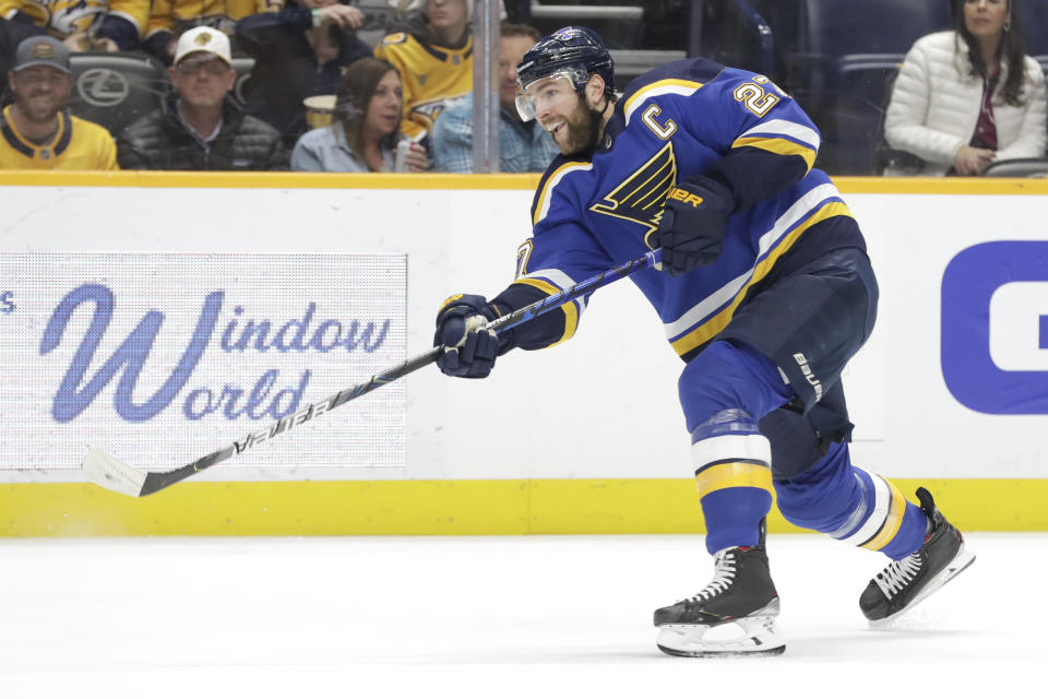 FILE - In this Feb. 16, 2020, file photo, St. Louis Blues defenseman Alex Pietrangelo plays against the Nashville Predators in the first period of an NHL hockey game, in Nashville, Tenn. The NHL is embarking on a free agent period like never before in hockey history. Defensemen Alex Pietrangelo and Torey Krug and winger Taylor Hall headline a talented free agent class. (AP Photo/Mark Humphrey, File)