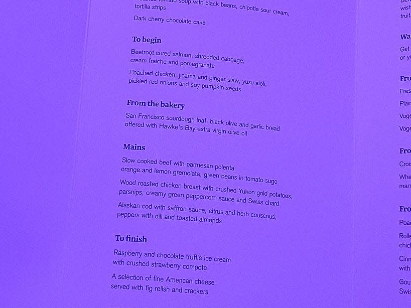 The menu on the author's Air New Zealand business-class flight.