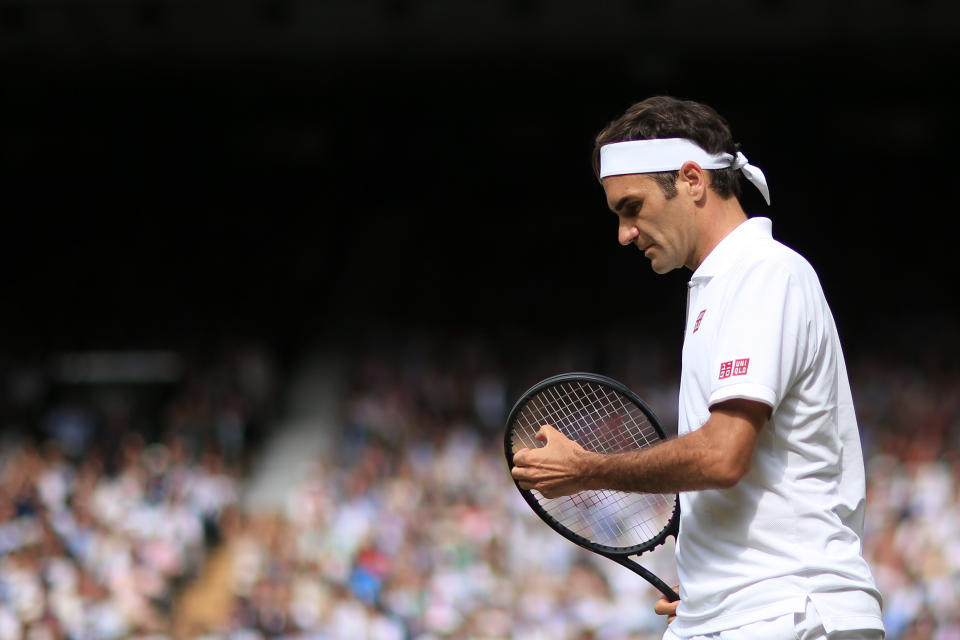 LONDON, ENGLAND - JULY 14: Roger Federer (SUI) looks dejected during his Gentlemen's Singles Final against Novak Djokovic (SRB) on Day 13 of The Championships - Wimbledon 2019 at the All England Lawn Tennis and Croquet Club on July 14, 2019 in London, England. (Photo by Simon Stacpoole/Offside/Getty Images)