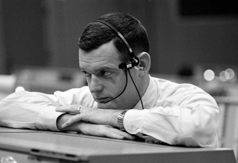 A pensive Glynn Lunney, NASA flight director, in the immediate aftermath of the explosion that crippled the Apollo 13 spacecraft on the way to the moon in 1970. Lunney's leadership played a crucial role getting the crew safely back to Earth. / Credit: NASA