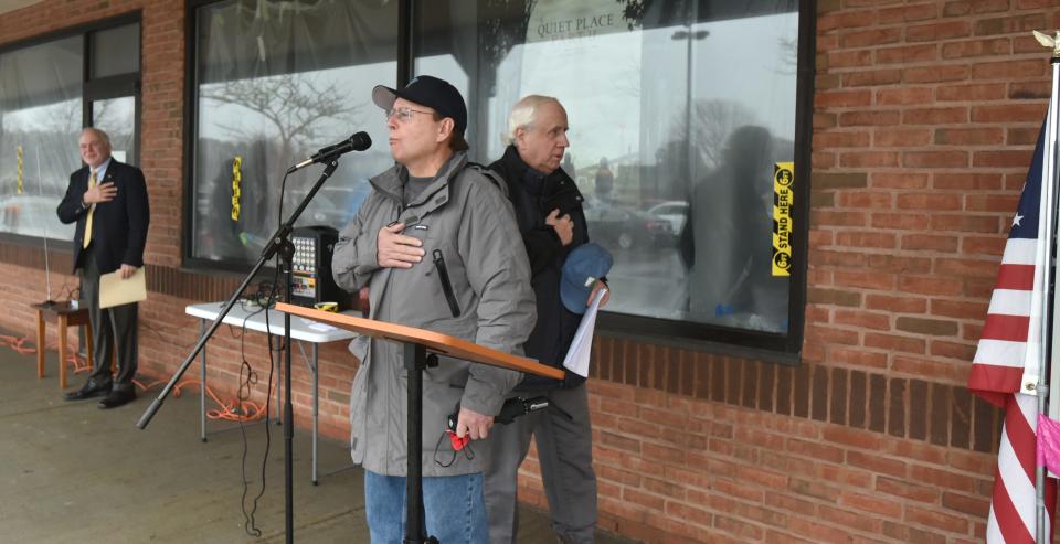 Jay McMahon, who lost the Plymouth and Barnstable state senator race to Moran in 2020, is pictured here in Jan. 2021 leading a crowd of Republican Town Committee members in the Pledge of Allegiance at Patriot Square in Dennis.