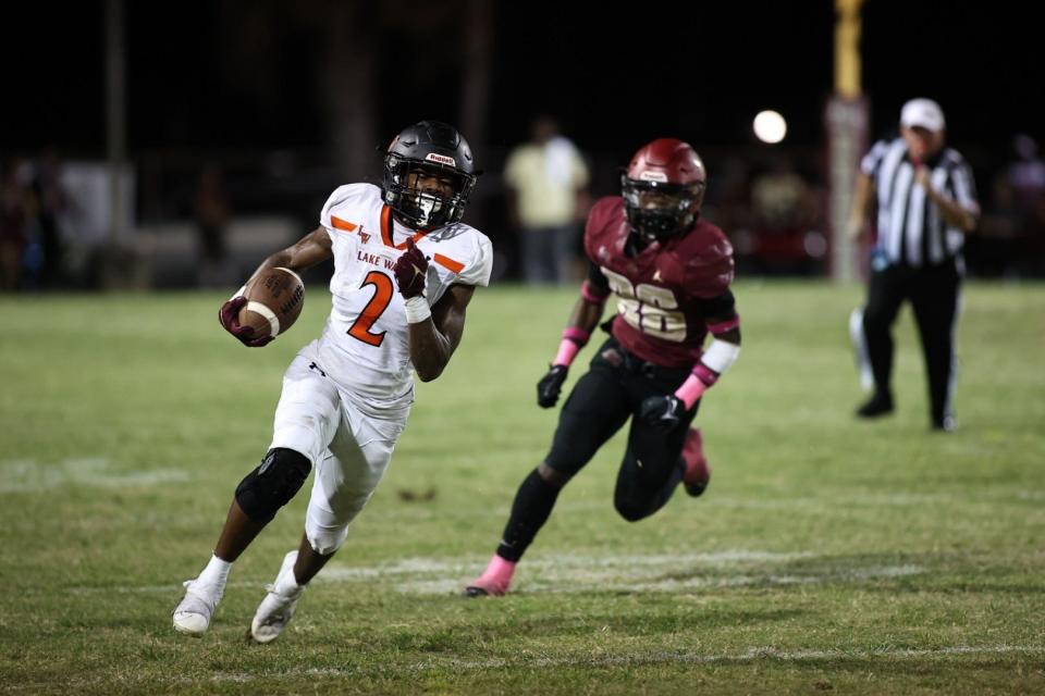 Lake Wales senior running back runs for a 65-yard touchdown in a game vs. Lake Gibson on Oct. 6, 2023 at Lake Gibson High School. He scored two touchdowns in the game.