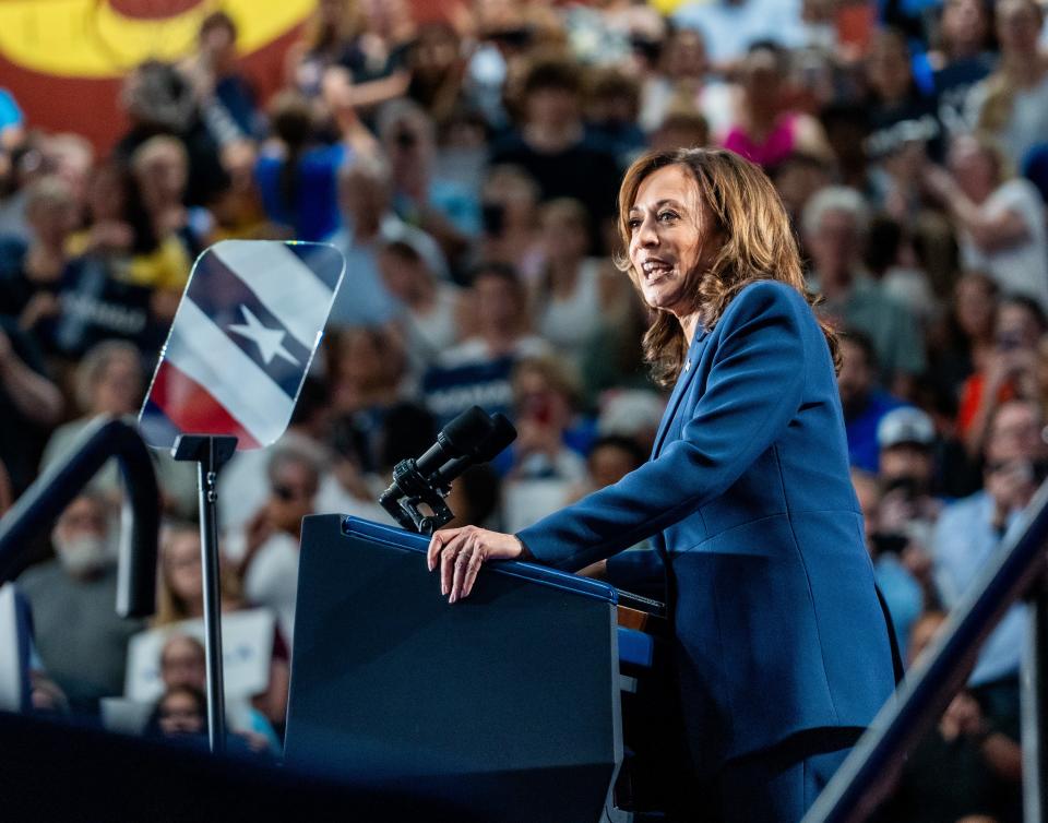 Vice President Kamala Harris speaks at the Harris for President Campaign Rally on Tuesday July 23, 2024 at West Allis Central High School in West Allis, Wis.