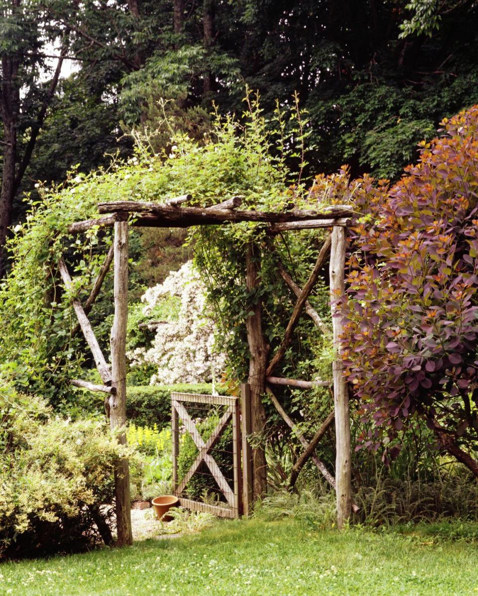 a structure made of sticks in a yard with trees and bushes